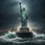 Placeholder: Hyper Realistic apocalyptic haunted view of broken statue of liberty at dark rainy night between the sea with big wave splashes