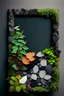 Placeholder: decorative wall frame made of foliage, leaves and small volcanic stones ikebana style with a background in contrasting colors