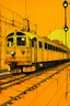 Placeholder: An orangish yellow clockwork station with a train painted by Andy Warhol