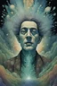 Placeholder: a close up portrait illustration of Frederich Nietszche , a vision exploding from his mind, projecting ancestral spirits emerging from a horrific past , splashing on a semi-permeable membrane in fractal shapes congealed above an iridescent algal bloom in batik patterns across a desert landscape of columnar basalt and moeraki boulders, in the style of Alex Prager, Zdzislaw Beksinski and the comic book style of Jean-Giraud Moebius ,
