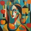 Placeholder: A vibrant and abstract painting inspired by Picasso's Precubist style, featuring a woman with apples. The woman's portrait is a combination of geometric shapes in bold hues of orange, turquoise, yellow, and black, creating a stylized and almost cubist effect. The apples she holds are rendered in a similar fashion, with their forms broken down into geometric components. The background is a blend of abstract shapes and lines, further emphasizing the artistic freedom and creativity of the piece. Th