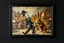 Placeholder: Charlie Chaplin town major troll mouse rabbit in style of Rembrandt and Fallout 4, with motion blur, all on a painting on wall with black wooden frame and with black wall background