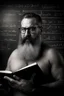 Placeholder: half figure shot photography of a turkish bearded chubby shirtless barechested 44 years old professor in thick glasses, big shoulders, manly chest, standing by completely writed blackboard , front view from the ground, photorealistic, ambient occlusion, side light