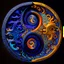 Placeholder: yin-Yang symbol, hyper detailed, photorealistic, hyper detailed, hyper defined, orange, azul, purple, yellow, DMT art