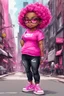 Placeholder: create an watercolor illustration of a chibi cartoon voluptuous black female. Wearing a hot pink t-shirt and tight black jeans with hot pink Nike sneakers. Prominent make up with hazel eyes and she is wearing pink glasses. Extremely Highly detail of a very low platinum shiny black pixie haircut. Background of a busy city street.