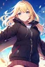 Placeholder: blonde girl falls with jacket fall from the sky, sky falling