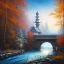 Placeholder: white horses on the bridge,evening, hawk eye view, spray painted fantasy art, book illustration,the stairs of a bridge or dam in magical forest,autumn icy water