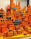 Placeholder: An orange colored town made out of toys painted by Piet Mondrian