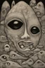 Placeholder: Liminal Dreamscape nightmares of disembodied eyes and mouths; Primitive Art; Ink Wash; Black With Iridescent Pastels