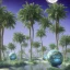 Placeholder: 1980's aesthetic vaporwave curvy palm trees with spheres and ufo