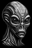 Placeholder: disturbing alien half-length portrait, outline, for coloring books, high quality, detailed, 8k, simple drawing, no shading, black background , only b/w