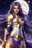 Placeholder: SUPER PRETTY GIRL, WITH A LITTLE WHITE-GOLD ARMOUR, PURPLE LONG HAIRED, NICE EYES, GREATH SMILE, BIG BUBS, NICE BODY, STAY ON DARKNESS CASTLE, STARS SKY, MOON, LEGENDARY WARRIOR, POWERED GIRL, A GOLDEN GLOW AROUND HER BODY.