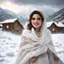 Placeholder: Hyper Realistic Photographic-View Of Young Beautiful Attractive Pashto Woman with Beautiful Eyes, & Lips Wearing-White-Dress With White-Embroidery-Along-with-white-shawl happily-whirling-&-Smiling in snowfall on an icy-mountain-top with a cottage-behind-her a cloudy day showing dramatic & cinematic ambiance.