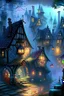 Placeholder: Fantasy village with cobblestone houses with stained glass windows. It's misty and looks cheerful but mysterious.