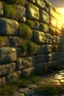 Placeholder: stone wall texture, old, moss, shiny wet, sunset, frontal, photorealistic, high detail