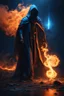 Placeholder: The Shadow of Death using the staff of destruction. blue fire and orange smoke. fantasy art, Cinematic lighting, Volumetric lighting, Epic composition, octane render