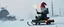 Placeholder: gnome hit man with rocket boots in suit on a mech sled in winter wasteland, style of fallout 4