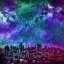 Placeholder: colorful galaxy, grey dark abandoned city