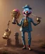 Placeholder: happy friendly mechanoid clown playing jazz with a steampunk theme, realistic