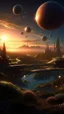 Placeholder: futuristic city, Mediterranean garden, busy city, sunset, planets