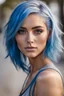 Placeholder: Blue hair, brown eye, woman, attractive, athletic build
