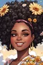 Placeholder: Create a comic book cartoon art style image of a curvy black female looking down with a smile on her face. Prominent makeup with hazel eyes. Highly detailed messy curly bun with a hair scarf tied on her head with large daisy flowers surrounding her. 2k