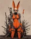 Placeholder: Tank girl, rabbit mask, orange and black short hair, latex suit, highly detailed, fullbody, splashes blood, behind guts rising from the ground, papercut illustration by <John Kenn Mortensen>, darkred tones,