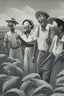 Placeholder: a asian, black, white, latino group of farmers singing in the farming field