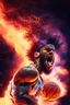 Placeholder: 8k, highly realistic and detailed image of a NBA basketball player in action dunking the ball in the net, sweaty hair, screaming look,action and smoke and flames background