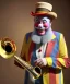 Placeholder: happy and funny old friendly clown with round head and trimmed beard playing jazz with a steampunk theme, trumpet on mouth, carnival, dreamy