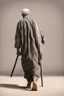 Placeholder: An old man wearing an Arabic keffiyeh, his back bent, walking barefoot, holding his cane upside down, looking back and holding his shoe in his hand.