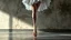 Placeholder: a bizarre surreal image where a dancer's legs there are bloody wounds on both foot, her dress completely drenched in sweat, she standing on tiptoe in a perfect dance pose, around her a fade gray vortex, capturing grasping the difficulty of dance, self-sacrifice, striving for perfection the impressive pose achieved through hard work, the beauty of dance, vertical light on the dancer, blur background is a cracked wall with half darkness and half shiny light, on wall fade the outlines of old and