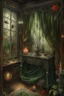 Placeholder: english watercolor, witch's boudoir, mirror, curtains, cobweb, filigree, dried flowers, textiles, candle, magical lighting effect, fairy tale illustration, fine drawing of details with colored pencils, grunge, high resolution, high detail, dark fantasy, dark botanical, beautiful, ISO 100, pixel graphics, hdr, emerald colors, beige, red, deep blue, umbra, grey, dusty rose, gold