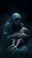 Placeholder: ,surrealism of the dark of a nightmare , hyper photorealistic, hyper detailed bright art color, high resolution, fog, octane render, tilt shift, HDRI Environment, all pictures dark gray, sad mother holding her sick child in her lap