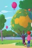 Placeholder: A colorful dream home, trees, balloons, a little boy, a little dog , cartoon style