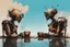 Placeholder: two crazy rusty scrappy robots drinking coffee in urban decay, negative space, wet print, ink leak, overheat, dramatic, cinematic, sudden jolt dynamics, amazing reflections and parallels and verticals, Afro-futurism, surreal futurist architecture art, surreal liminal space, tribal vibe and patterns, colors of light sky blue and beige and black