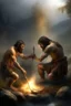 Placeholder: Create an image of two prehistoric human characters in an early Stone Age setting, surrounded by a dusky, misty environment suggestive of early morning. One character is bending over, inadvertently creating a stream of fire from their posterior, a humorous play on the discovery of fire. The other character, standing upright, is holding a primitive tool and laughing heartily at the scene. Both are wearing rough animal fur clothing. The scene is lighthearted, capturing a comedic moment between tw