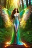 Placeholder: Gorgeous Photography Realistic Natural Beautiful Angel woman straddle wings with gown shiny brown flowing hair, glitter colorful Angel wings, lovely glowing green eyes, surrounded by magical colorful forest and flickering lights, digital photography, kaleidoscope, vibrant colors, vivid colors, colorful,she wak in magic forest full sparkling light