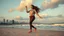 Placeholder: beautiful lady with makeup in pants and pretty shirt curvy long hair sport shoes dancing in sea side over soft sands ,modern city escape at dintant ,pretty clouds, golden hour