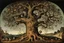 Placeholder: gnarled and twisted tree of life with faces and bodies in the trunk, deep colour, Hieronymus Bosch