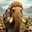 Placeholder: An ultra-detailed, ultra-intricate image of a wooly mammoth, almost entirely composed of yarn instead of fur. The Flo 'n Images shows a patchwork of yarn in tans, whites, & black in place of the hair. His face has tightly knitted cashmere yarn with expressive eyes. Other than his yarn coat the wooly mammoth is realistic looking and is in a beautiful hendry fantasy landscape of lakes and unusual plants, his fur is made of yarn with several skeins of yarn balls. The fantasy landscapte merges with