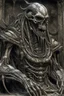 Placeholder: sculpture of a king , decayed and rotting with grotesque proportions and imagery. abstract grotesqueries, detailed texture, surreal horror, biomechanical design, by hr giger and beksinski
