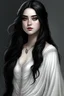 Placeholder: a 16 year old woman, white skin, long wawy black hair, beautiful face, black eyes, round body, in a white dress, realistic epic fantasy style