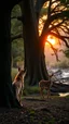 Placeholder: A Hyena hiding behind a tree in the back watching a beautiful baby dear standing in wood with a huge trees , river stream in the middle , behind to tree dim light of the sunset,
