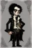 Placeholder: black haired black eyed young man necromancer steampunk Gnome that looks like a young Edgar Allan Poe with gothic jewelry in the style of Charles Addams