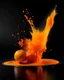Placeholder: captivating studio photo, orange powder explodes on contact with a delicious orange, on a reflective surface,