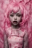 Placeholder: full color, illustration of a darkred and pink tones, menacing, Singer Melanie Martinez face, as a decayed, broken, skin turned translucent, black veins that extended like roots beneath her skin, latex suit, crude homemade cloth doll toy, with a narrow cracked porcelain face, thick dark eyebrows, hair in two gradually, made from ragged strips of cloth, in the style of Alex Pardee, Tim Burton, and Nadya Sheremet