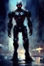 Placeholder: A evil humanoid-robot-warrior move, in the style of a dark fantastic, in the background: barely discernible in the mysterious moonlight, a night future city, wide careless brush strokes, in the style of Mandy Disher., authors: Agnes Cecile, Raymond Swanland, Benedict Bana and Anna Razumovskaya.