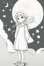 Placeholder: A little girl gazing at the night sky filled with stars and crescent moons. Incorporate stars of different sizes and crescent moons for a dreamy scene..,very happy , Colloring page for todlliers ; basic hawali style cartoon , black and white , ink outlines , , smooth , anime style , minimalist , cute eyes , full body , white shose , sketchbook , realistic sketch , free lines , on paper , character sheet , clean line art high detailed