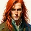 Placeholder: dnd, fantasy, watercolour, stylistic, portrait, illustration, dull colours, male, face, narrow long face, weathered face, green eyes, determined, happy, red hair, very long hair streaming down the shoulders, radiating light, five o'clock shadow